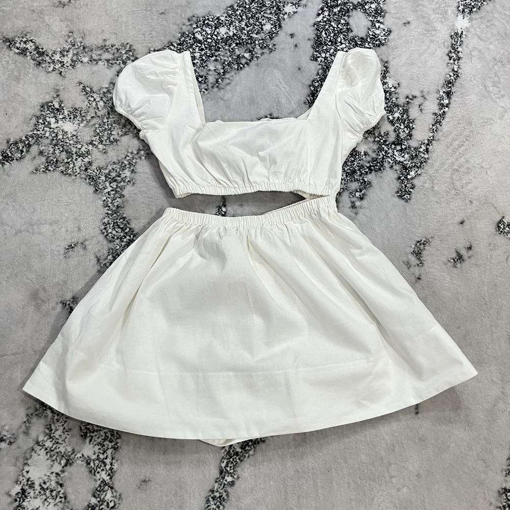 White Fox Long Lunch Mini Dress Womens Medium White Cutout Puff Sleeve NWT